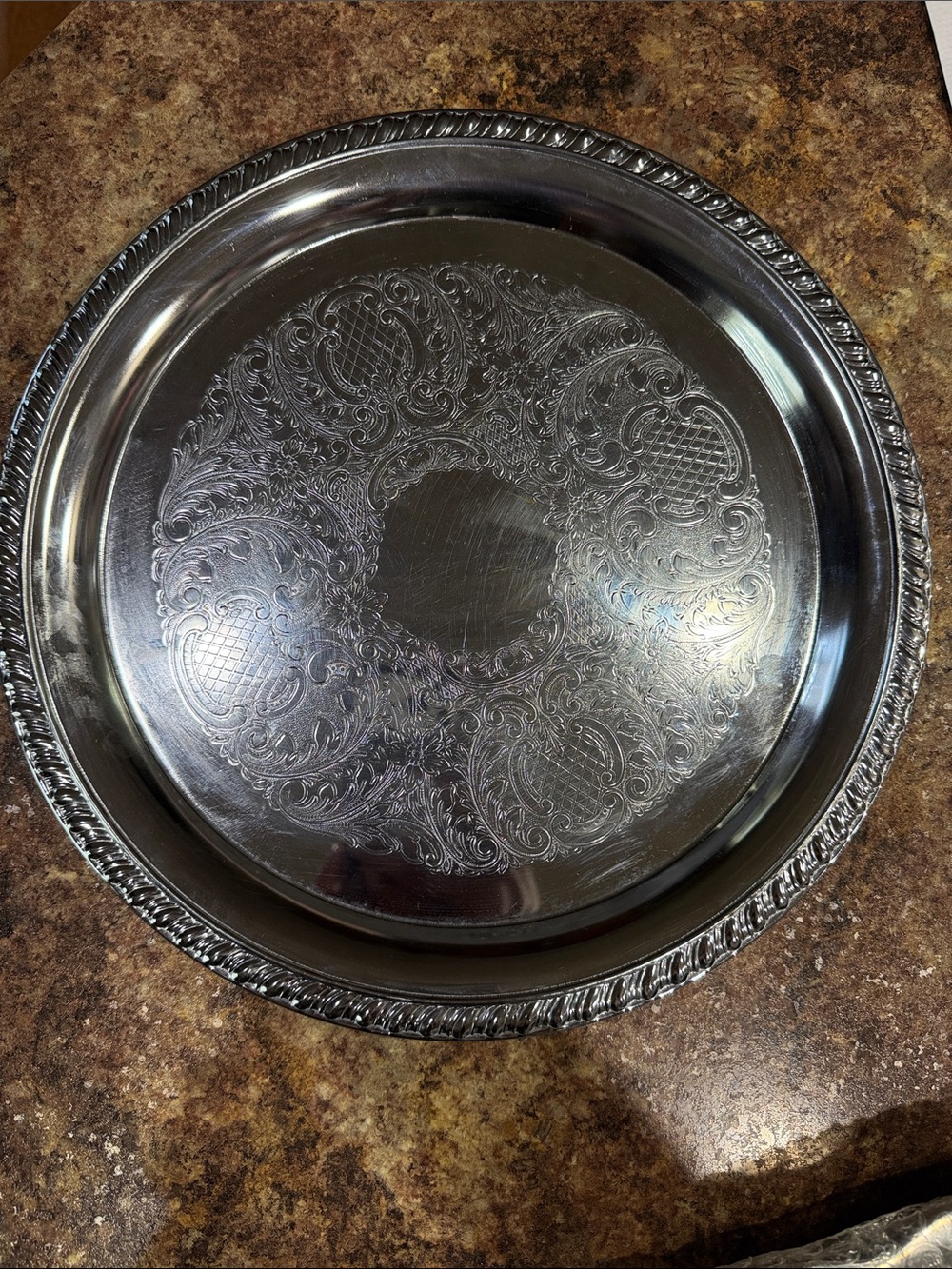 Decorative Round Silver-Tone Engraved Serving Tray